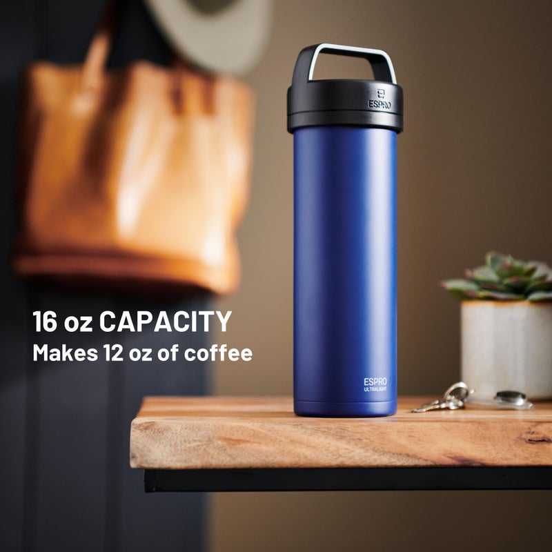 ESPRO P0 Ultralight French Press Coffee Maker for Travel, Vacuum Insulated Stainless Steel, 16 Ounces, Blue - Image 2